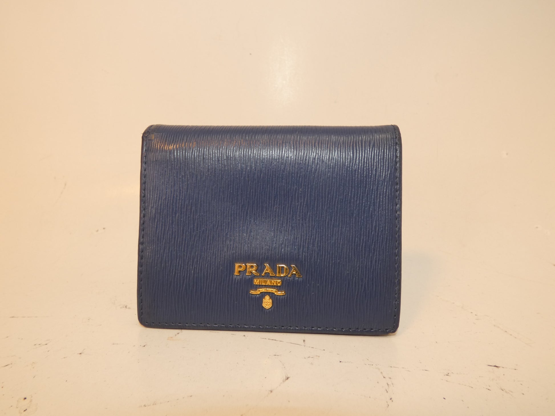 PRADA Front Logo Leather Blue Folding Wallet