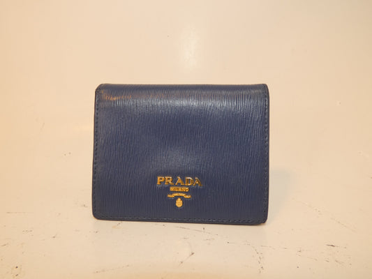 PRADA Front Logo Leather Blue Folding Wallet