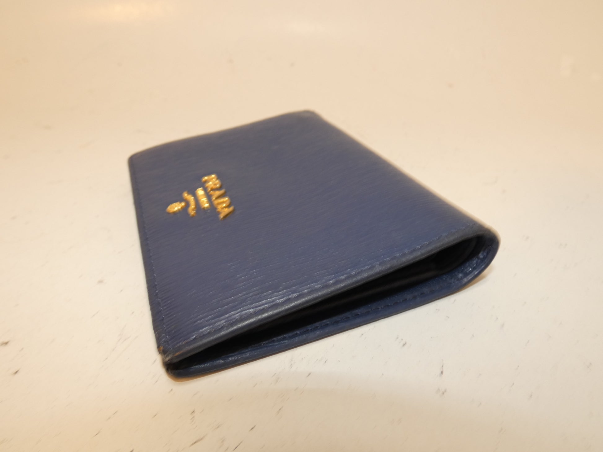 PRADA Front Logo Leather Blue Folding Wallet