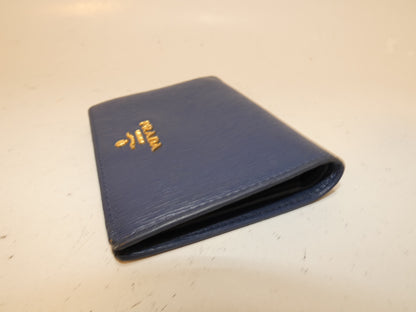 PRADA Front Logo Leather Blue Folding Wallet