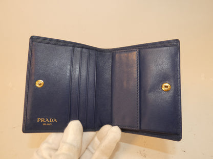 PRADA Front Logo Leather Blue Folding Wallet