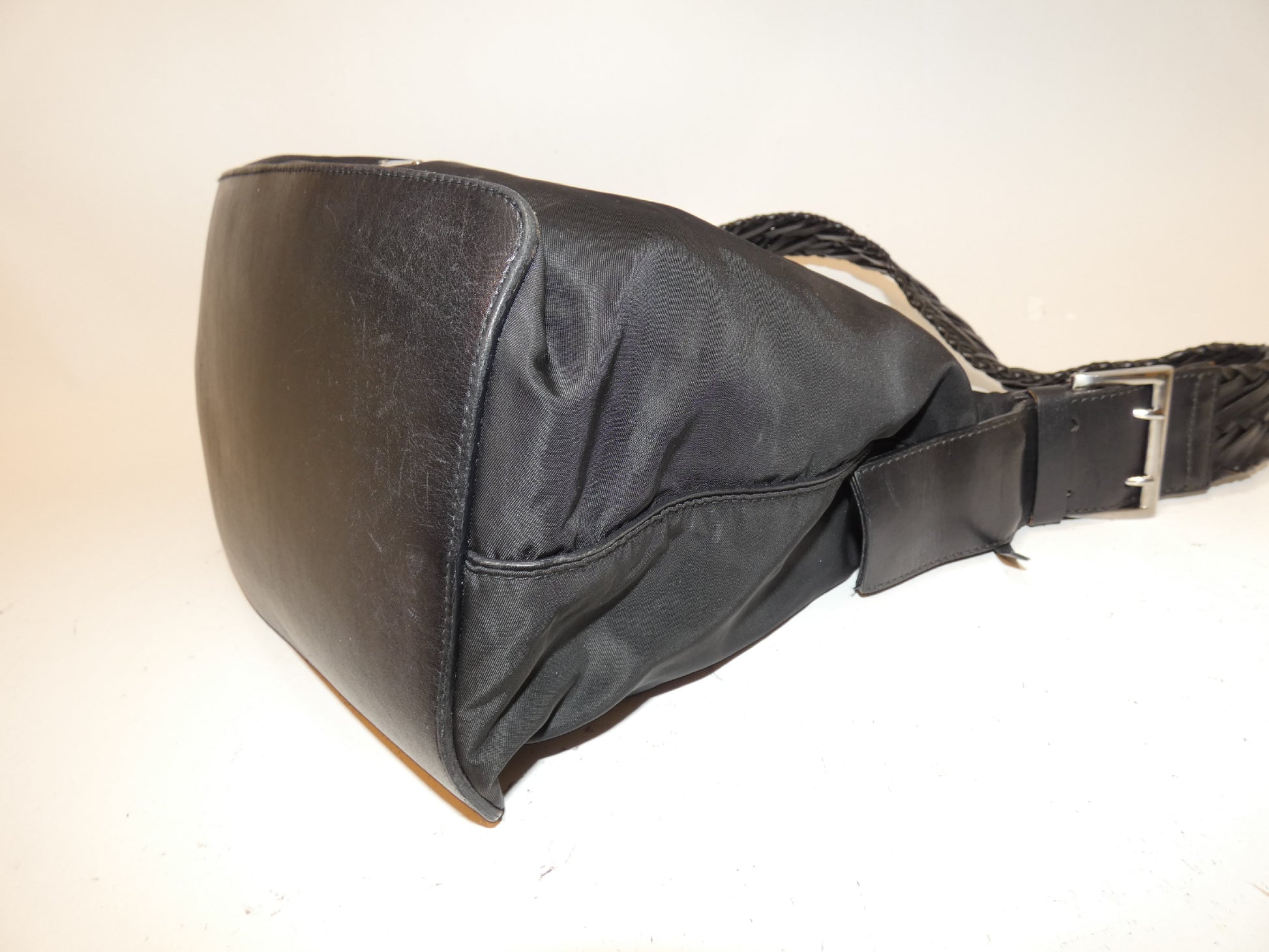PRADA Nylon Braided Leather Black One-Shoulder Shoulder Bag