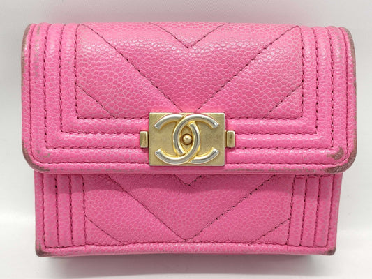 CHANEL Boy Chanel Compact Wallet, Caviar Skin, Pink, Gold Hardware, A84432, Random Number