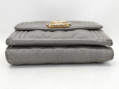 CHANEL Boy Chanel Compact Wallet, Caviar Skin, Gray, Gold Hardware, A84433, 26th Series