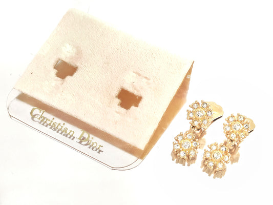 Dior Christian Dior Gold-Colored Rhinestone Swing Flower Design Earrings, 5.87g