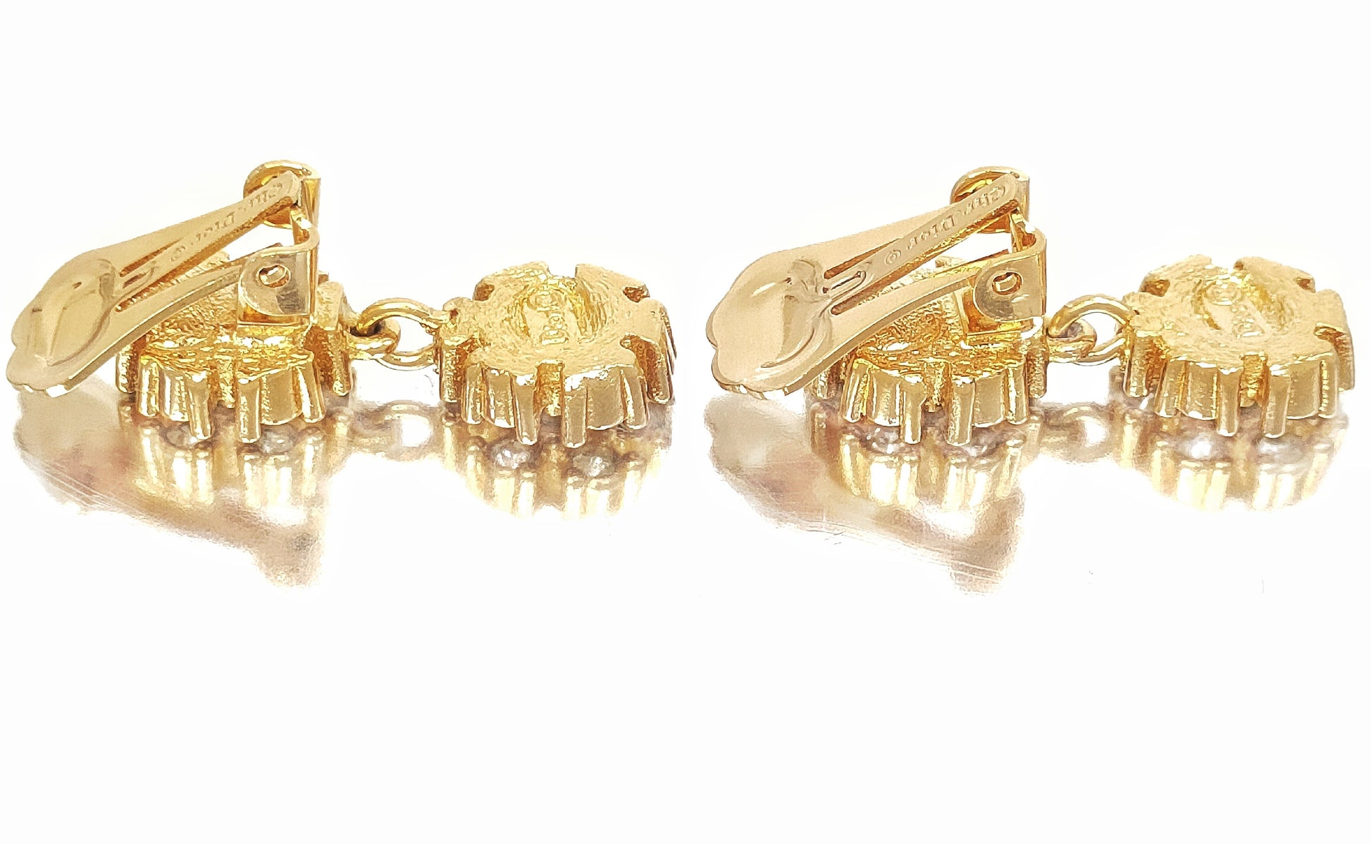 Dior Christian Dior Gold-Colored Rhinestone Swing Flower Design Earrings, 5.87g