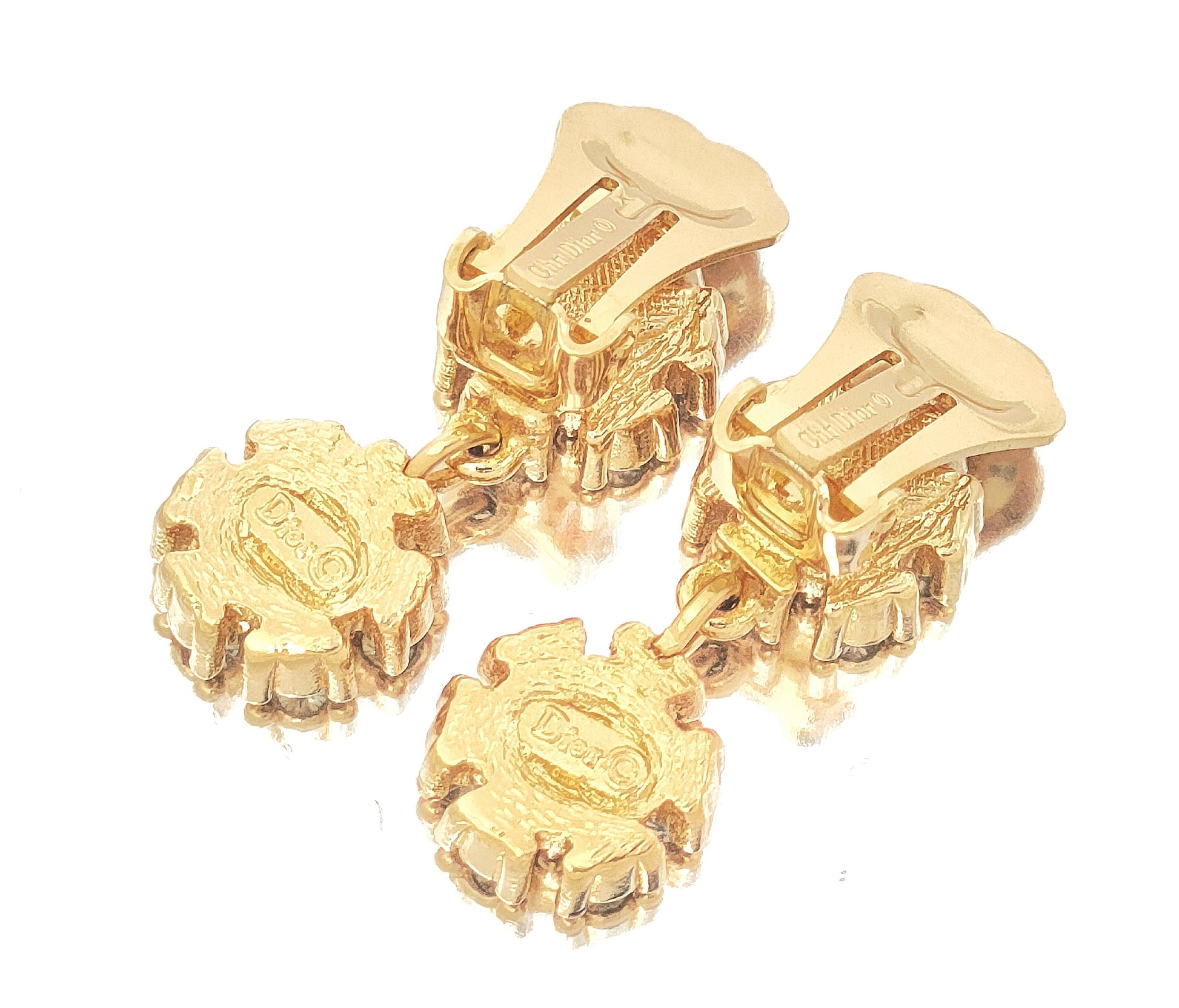 Dior Christian Dior Gold-Colored Rhinestone Swing Flower Design Earrings, 5.87g