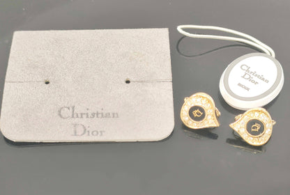 Dior Christian Dior Gold & Black Rhinestone Logo Earrings 4.8g