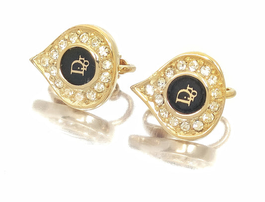 Dior Christian Dior Gold & Black Rhinestone Logo Earrings 4.8g