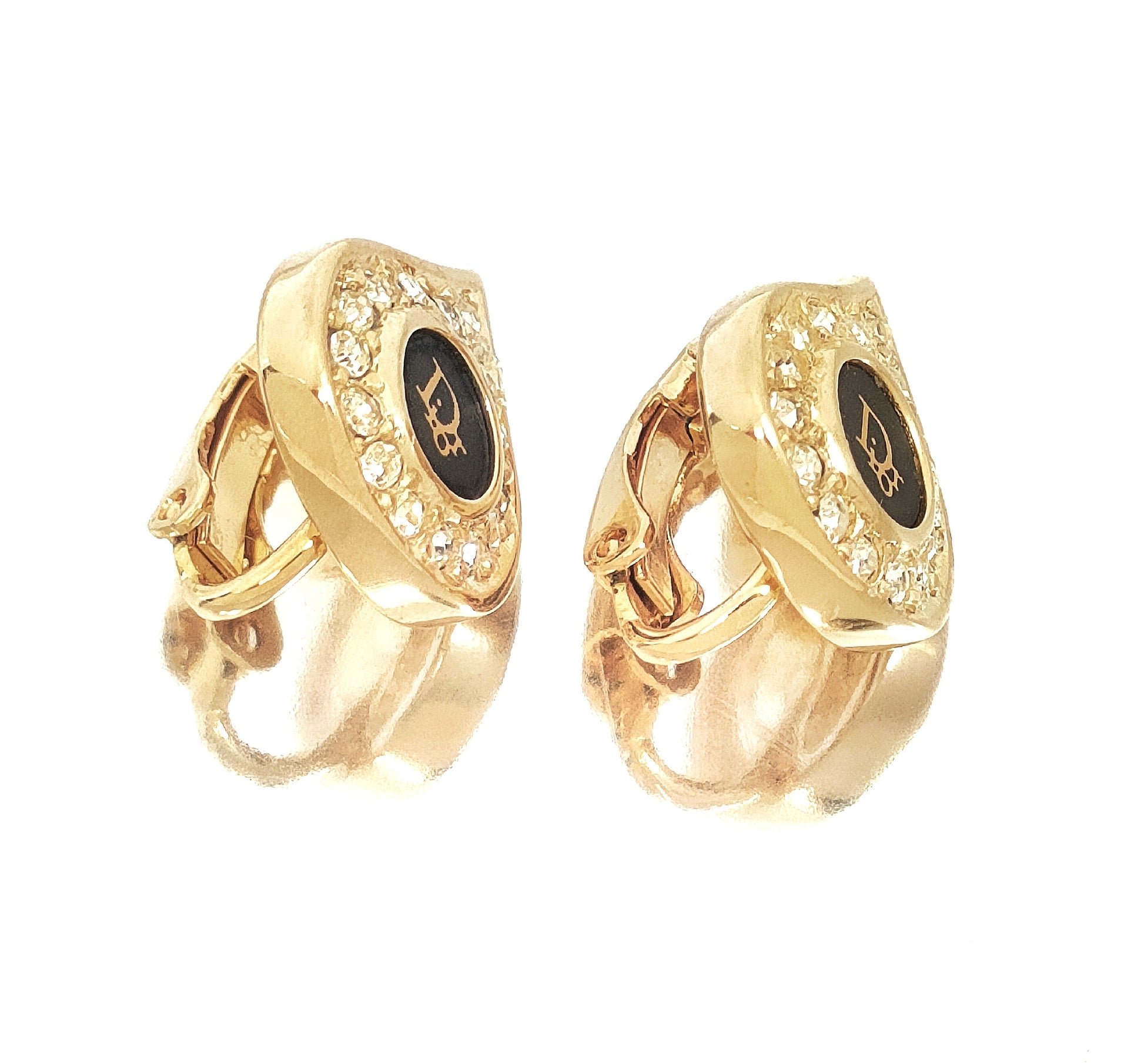 Dior Christian Dior Gold & Black Rhinestone Logo Earrings 4.8g
