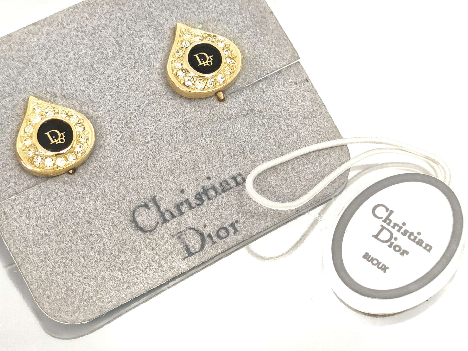 Dior Christian Dior Gold & Black Rhinestone Logo Earrings 4.8g