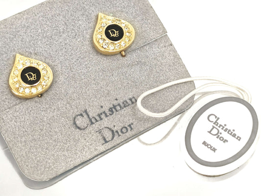 Dior Christian Dior Gold & Black Rhinestone Logo Earrings 4.8g