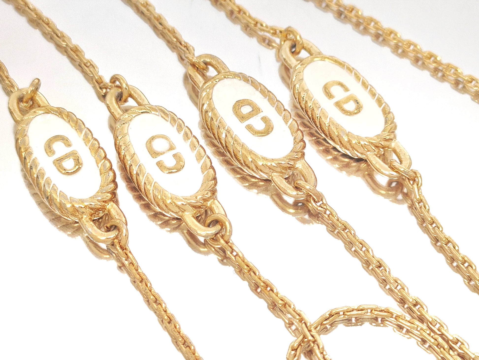 Dior Christian Dior Gold & White Long Necklace with 4-Line Logo Motif, Made in Germany, 14.1g
