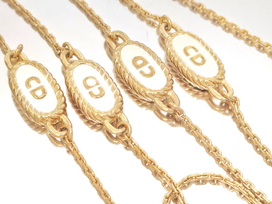 Dior Christian Dior Gold & White Long Necklace with 4-Line Logo Motif, Made in Germany, 14.1g
