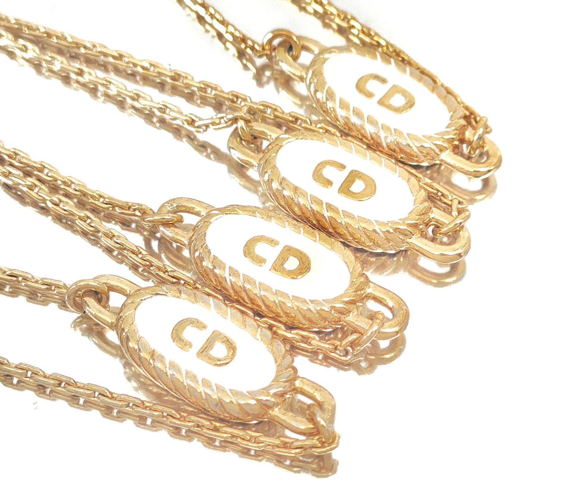 Dior Christian Dior Gold & White Long Necklace with 4-Line Logo Motif, Made in Germany, 14.1g