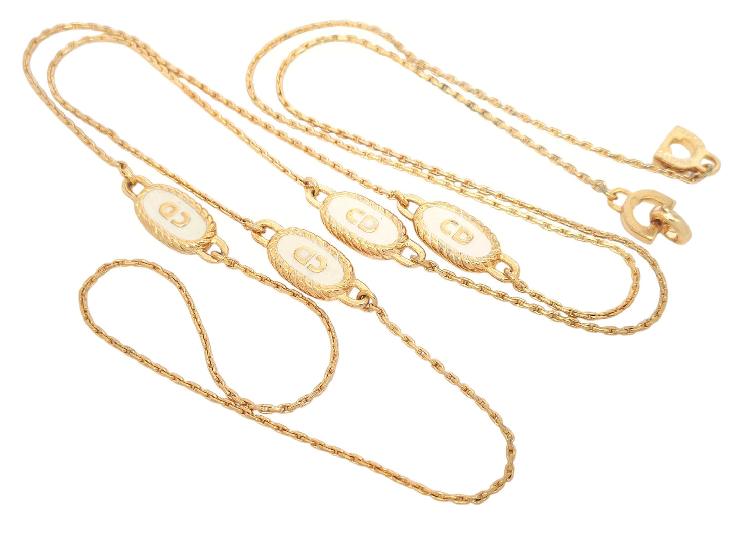 Dior Christian Dior Gold & White Long Necklace with 4-Line Logo Motif, Made in Germany, 14.1g
