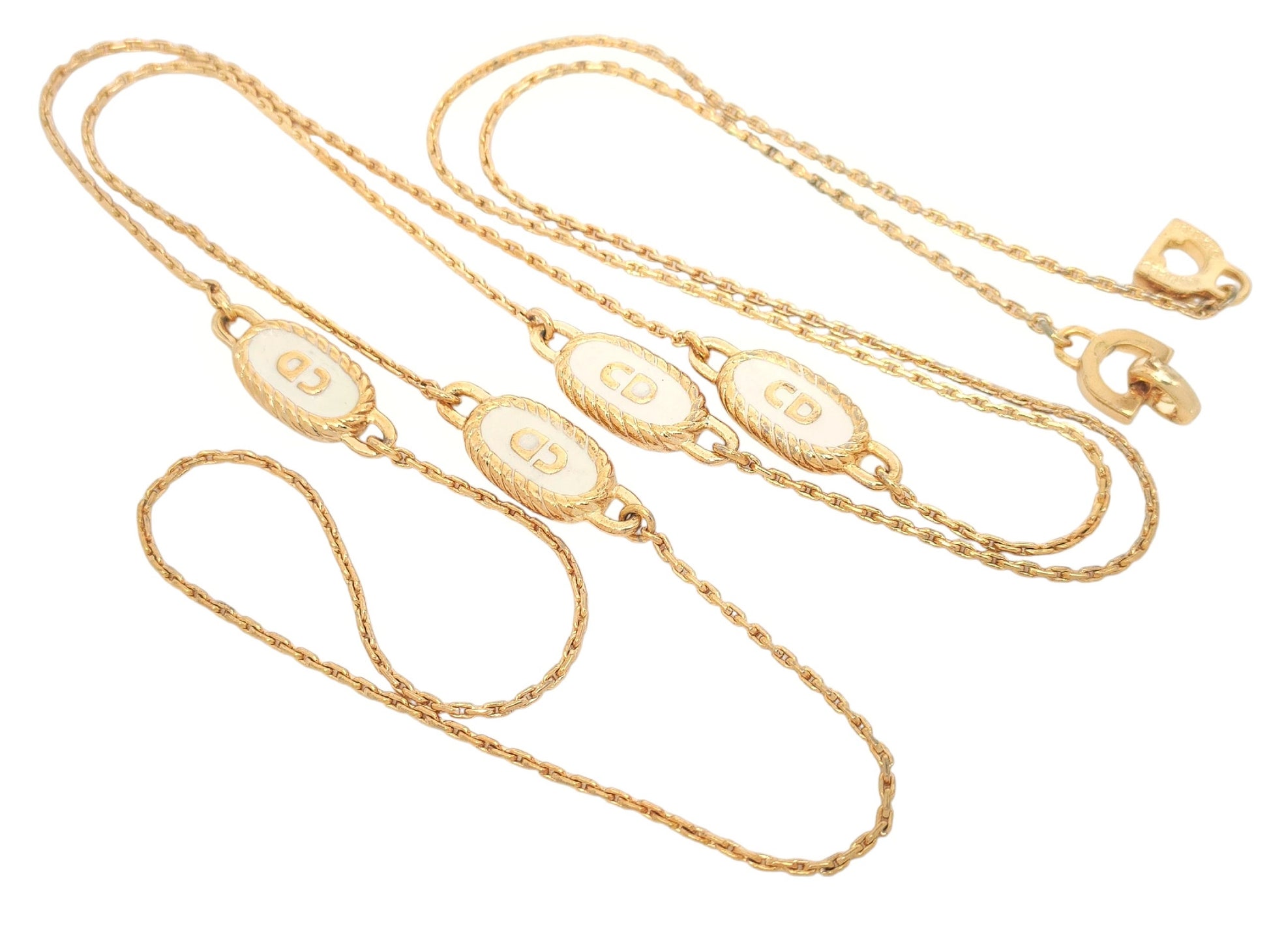 Dior Christian Dior Gold & White Long Necklace with 4-Line Logo Motif, Made in Germany, 14.1g