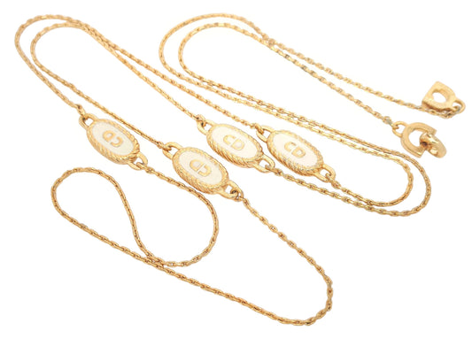 Dior Christian Dior Gold & White Long Necklace with 4-Line Logo Motif, Made in Germany, 14.1g