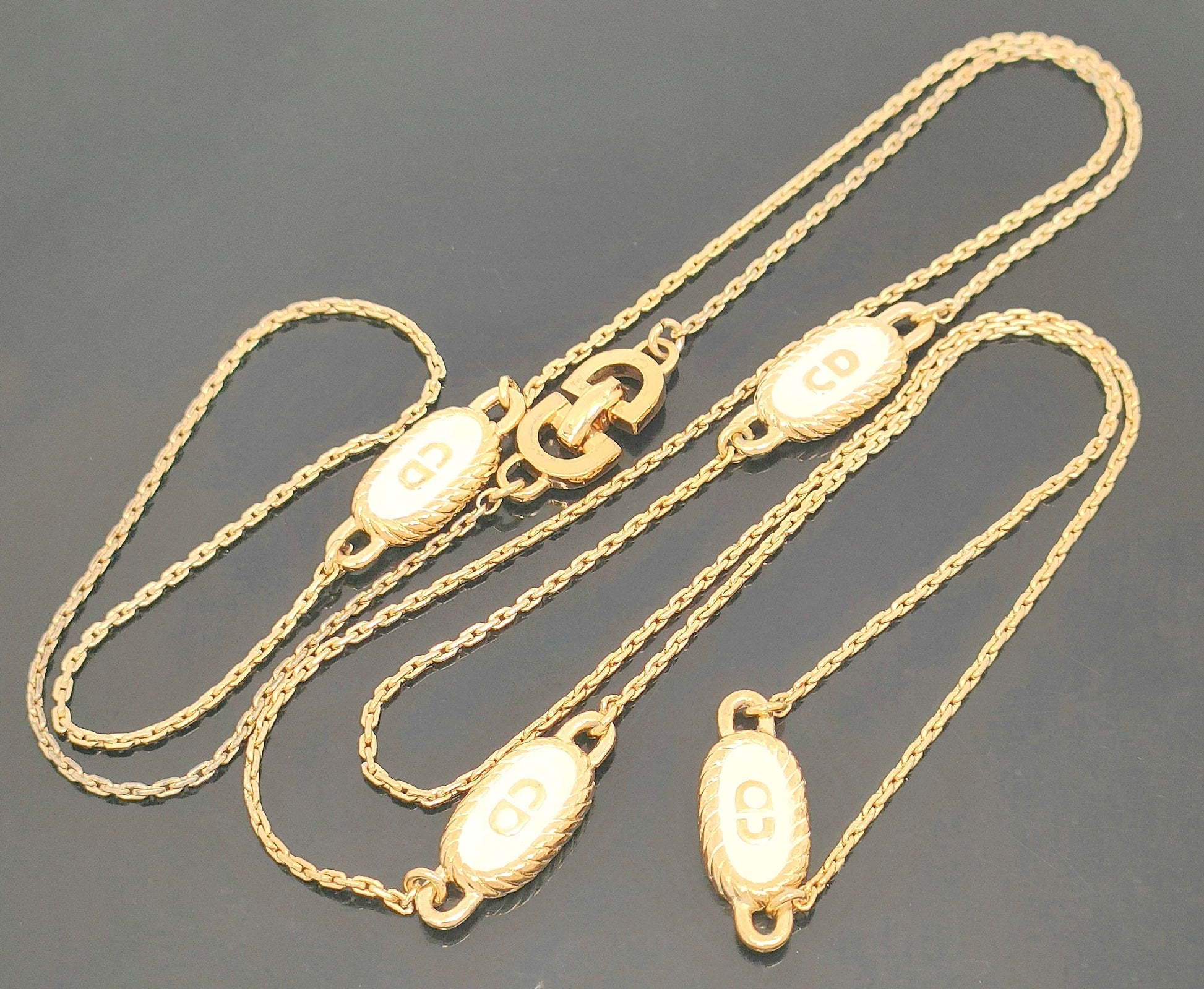 Dior Christian Dior Gold & White Long Necklace with 4-Line Logo Motif, Made in Germany, 14.1g