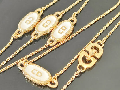 Dior Christian Dior Gold & White Long Necklace with 4-Line Logo Motif, Made in Germany, 14.1g