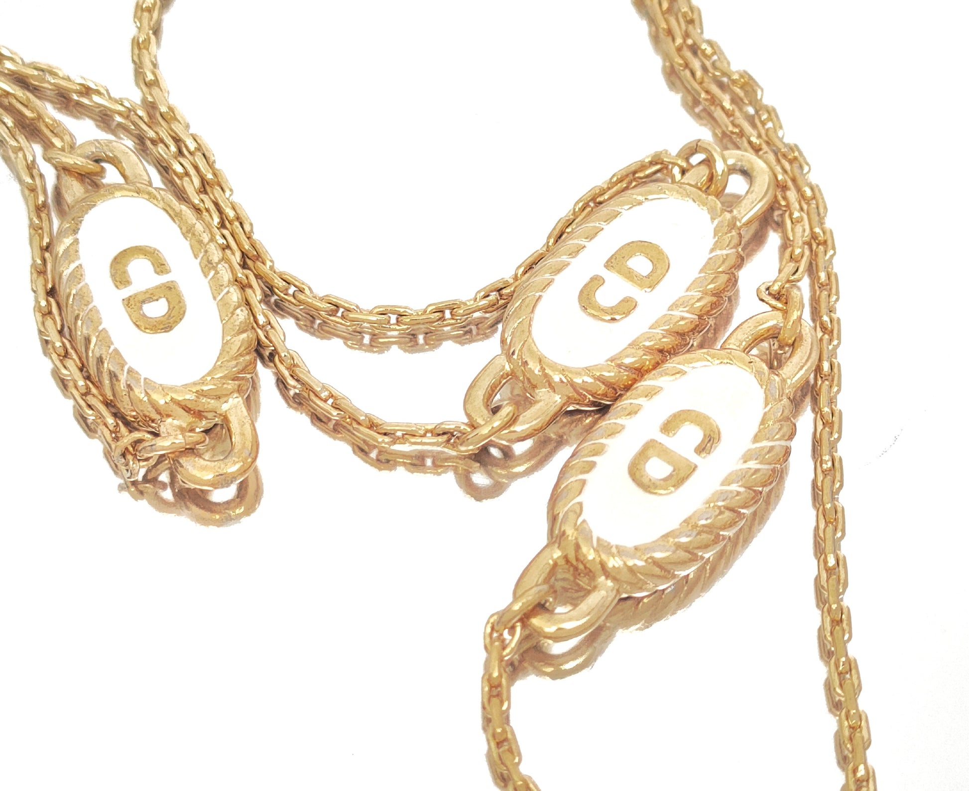 Dior Christian Dior Gold & White Long Necklace with 4-Line Logo Motif, Made in Germany, 14.1g