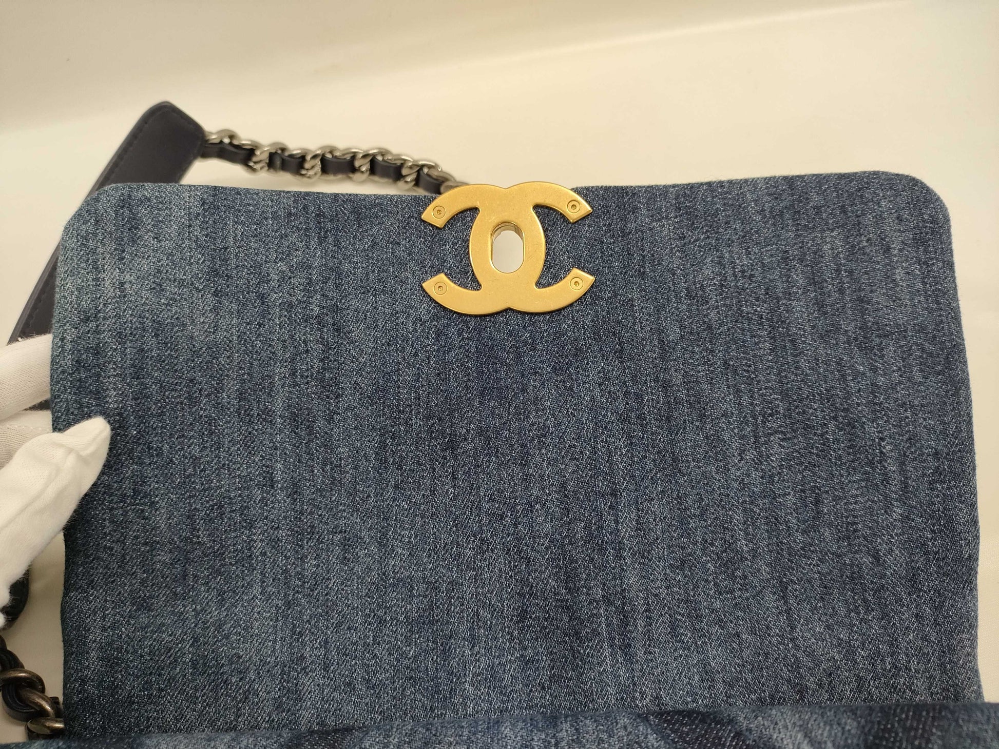 CHANEL Serial Plate Denim Chanel 19 Shoulder Bag