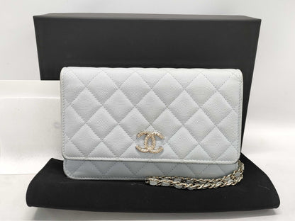CHANEL Caviar Leather Matelasse Chain Wallet Light Blue Shoulder Bag