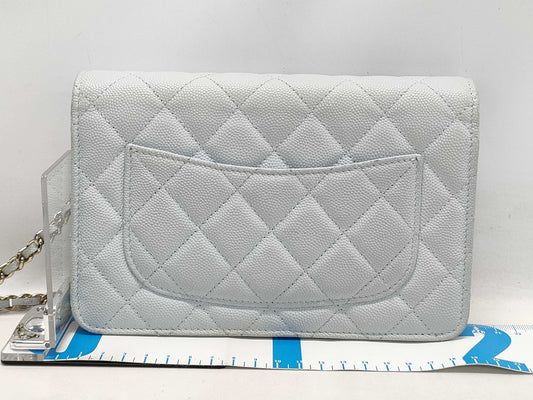 CHANEL Caviar Leather Matelasse Chain Wallet Light Blue Shoulder Bag