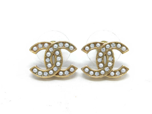 CHANEL Coco Mark Rhinestone and Faux Pearl Earrings, Gold, I24V