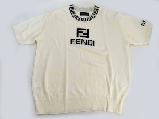 FENDI FENDI Logo Summer Knit Short Sleeve Knit Top Ivory Off-White