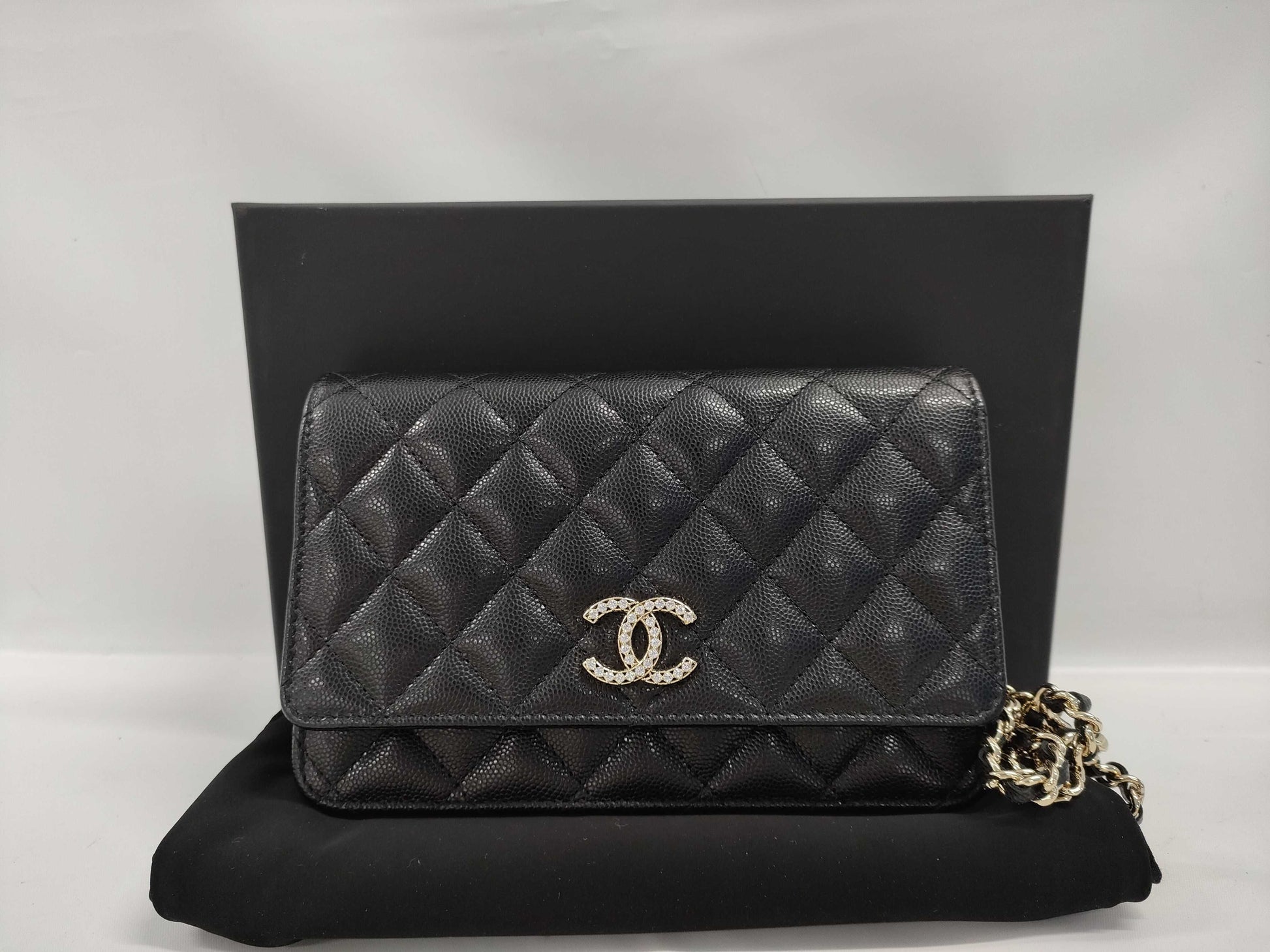 CHANEL Caviar Skin Coco Mark Rhinestone Chain Wallet, Random Number Shoulder Bag