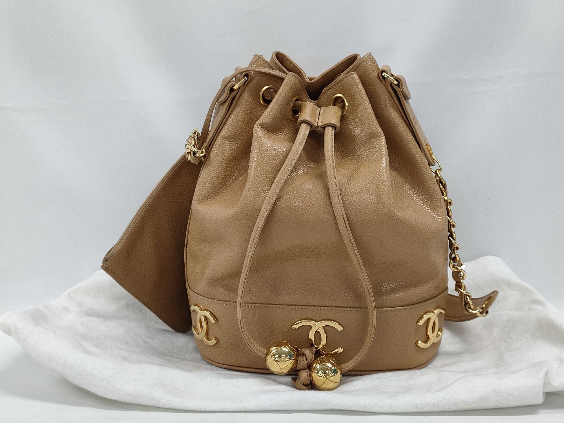 CHANEL Caviar Skin Triple Coco Drawstring Chain Shoulder Bag