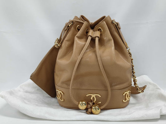 CHANEL Caviar Skin Triple Coco Drawstring Chain Shoulder Bag