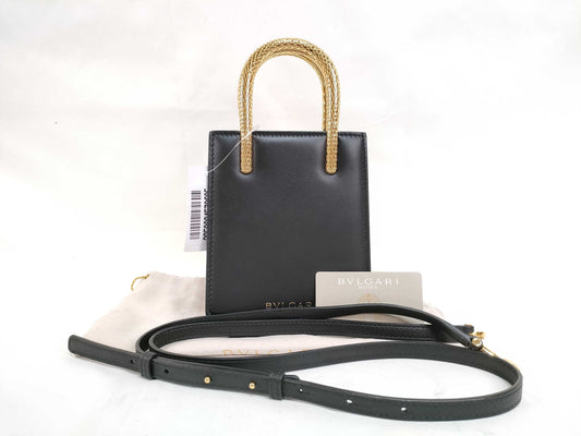 BVLGARI Serpenti Leather 2-Way Handbag/Shoulder Bag, Black