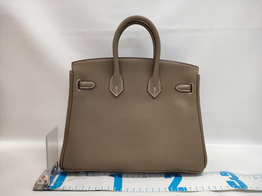 HERMES Togo Birkin 25 Etoupe Silver Hardware W Stamp Handbag
