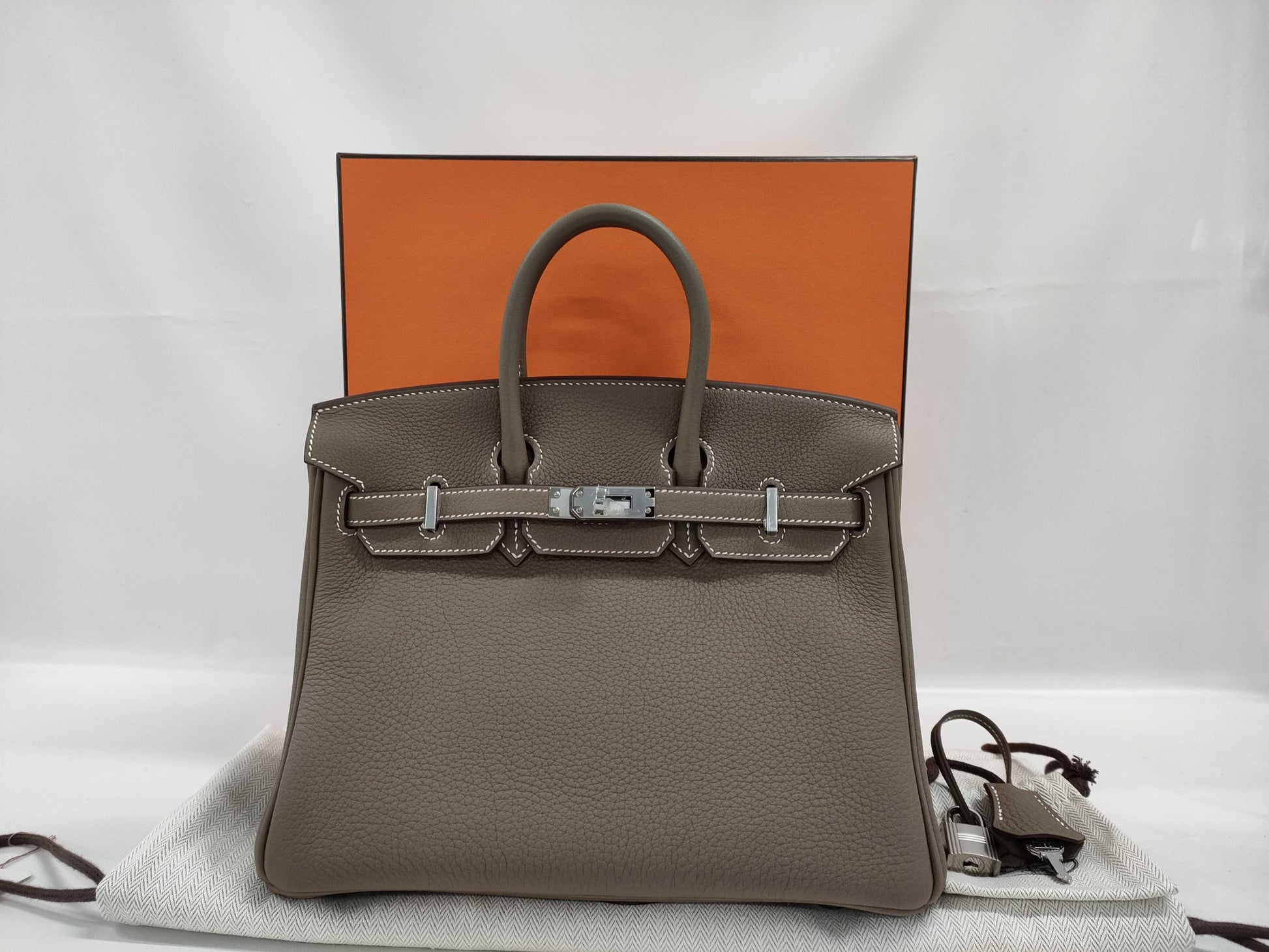 HERMES Togo Birkin 25 Etoupe Silver Hardware W Stamp Handbag