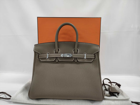 HERMES Togo Birkin 25 Etoupe Silver Hardware W Stamp Handbag