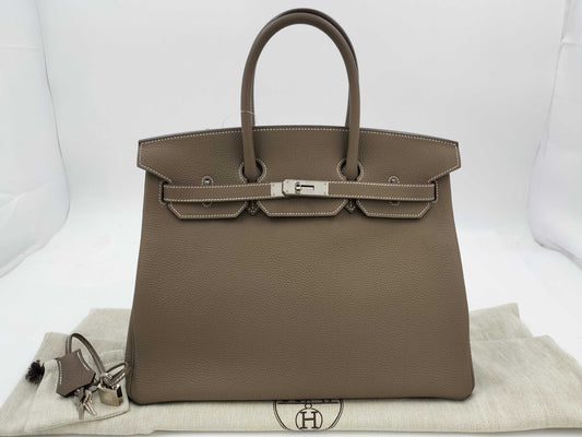 HERMES Birkin 35 Togo Etoupe Stainless Steel Y Stamp Handbag