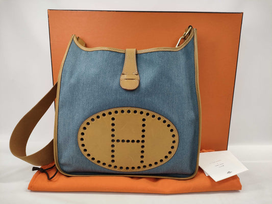HERMES Evelyn 1GM Toile Jean Vache Gold GP 〇X Stamped Shoulder Bag