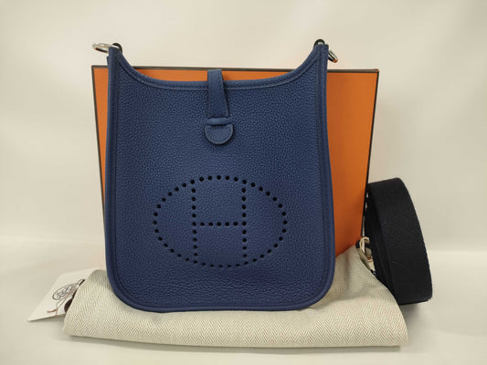 HERMES Evelyn TPM Taurillon Blue Saphir Stainless Steel Y Stamp Shoulder Bag