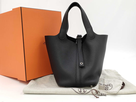 HERMES Picotin Lock PM Taurillon Clemence Black Stainless Steel Handbag with W Stamp