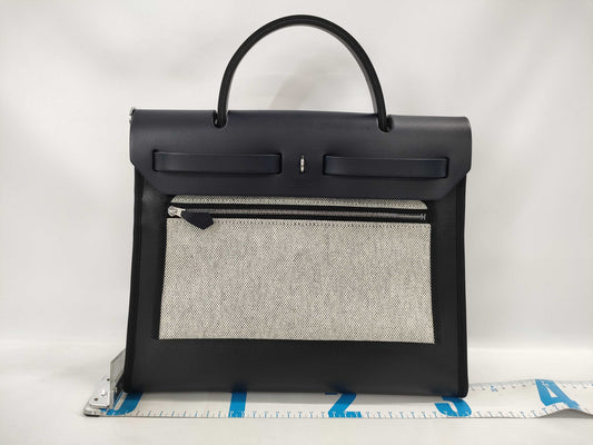 HERMES Airbag Zip 31PM Toile H Berline Vache Hunter Black Bleu Nuit Stainless Steel K Stamp Handbag