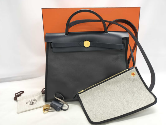 HERMES Airbag Zip 31PM Toile H Berline Vache Hunter Black GP K Stamp Handbag