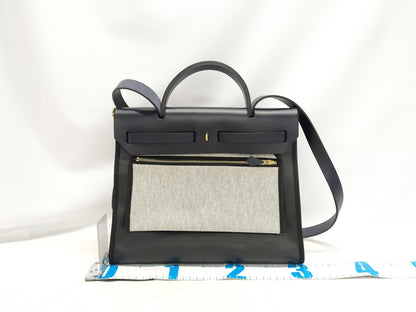 HERMES Airbag Zip 31PM Toile H Berline Vache Hunter Black GP K Stamp Handbag