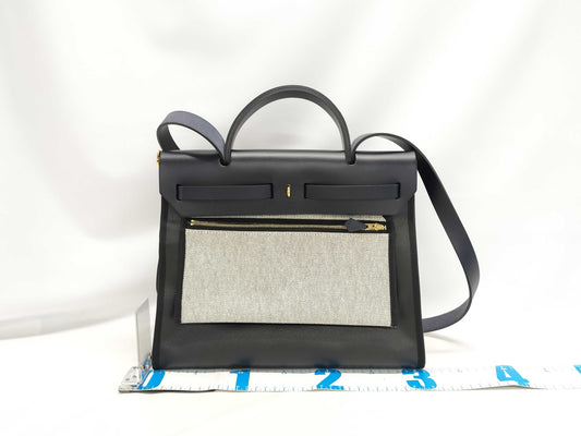HERMES Airbag Zip 31PM Toile H Berline Vache Hunter Black GP K Stamp Handbag