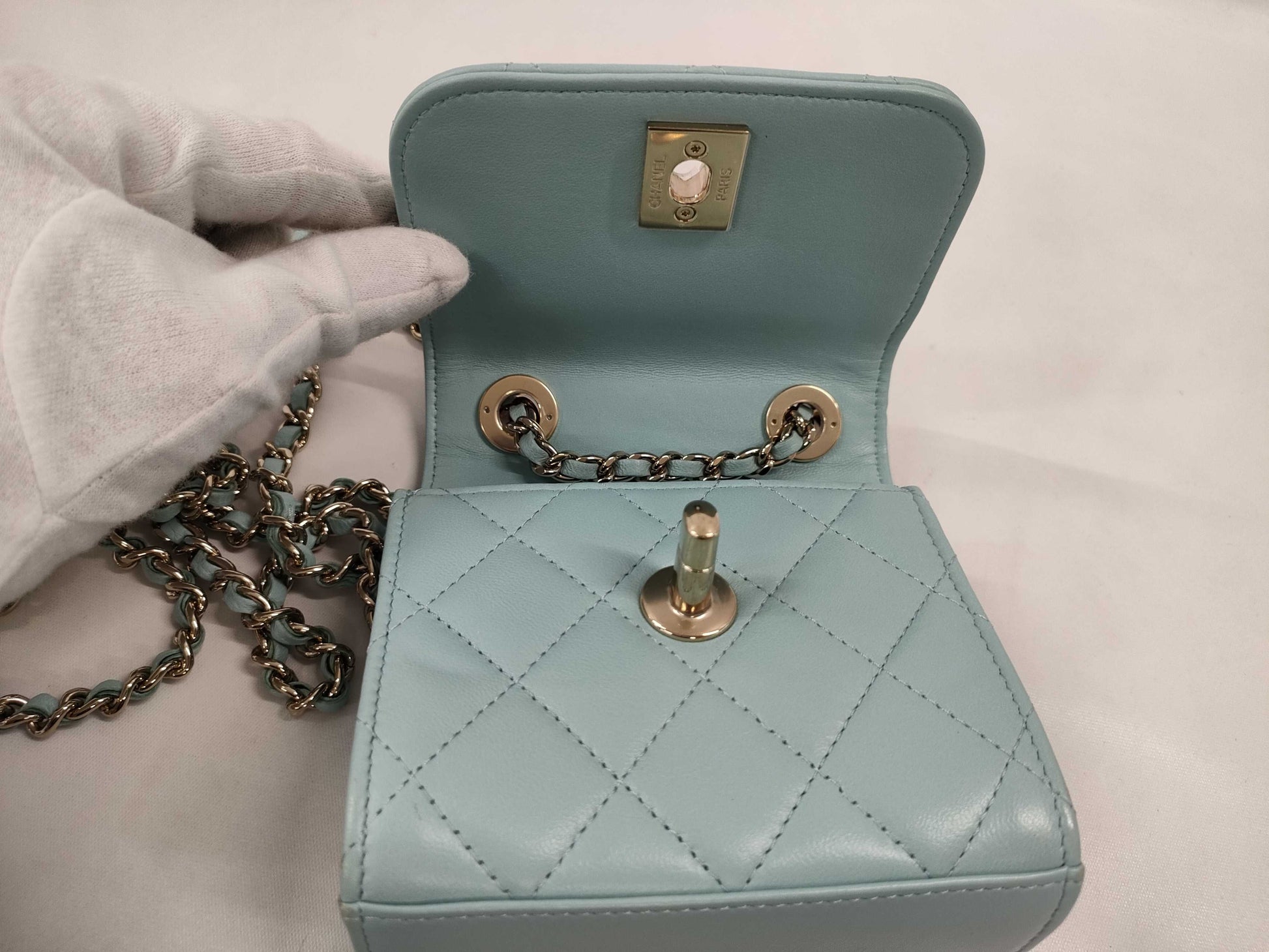 CHANEL Mini Chain Shoulder Bag in Lamb Light Blue GP