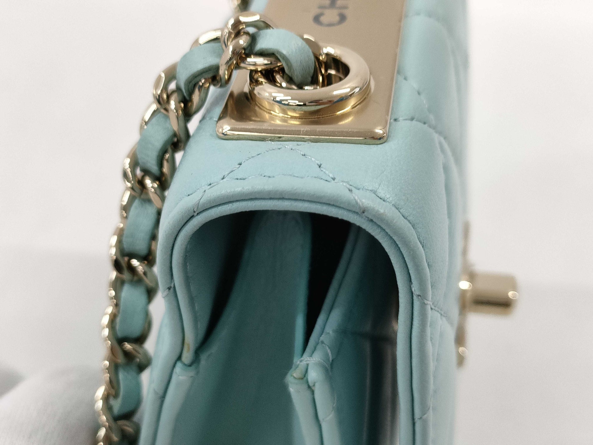 CHANEL Mini Chain Shoulder Bag in Lamb Light Blue GP