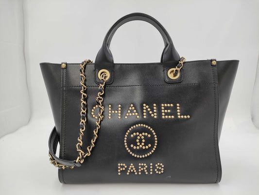 CHANEL Deauville Studded Calfskin Black GP Tote Bag