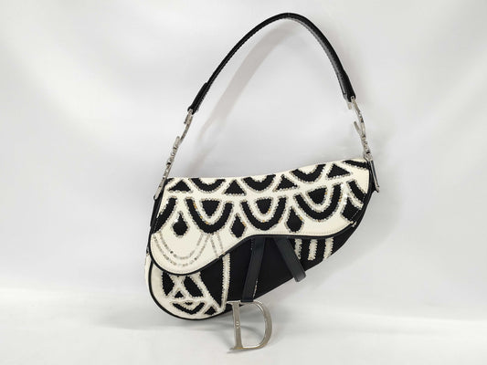 Dior Saddle Bag Sequin Satin Black White SS Handbag
