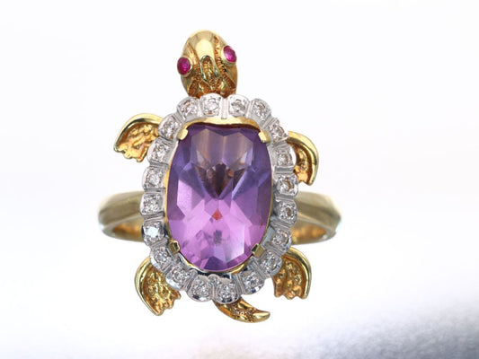 Turtle Motif Amethyst Ruby D0.20ct K18 8.6g Ring 